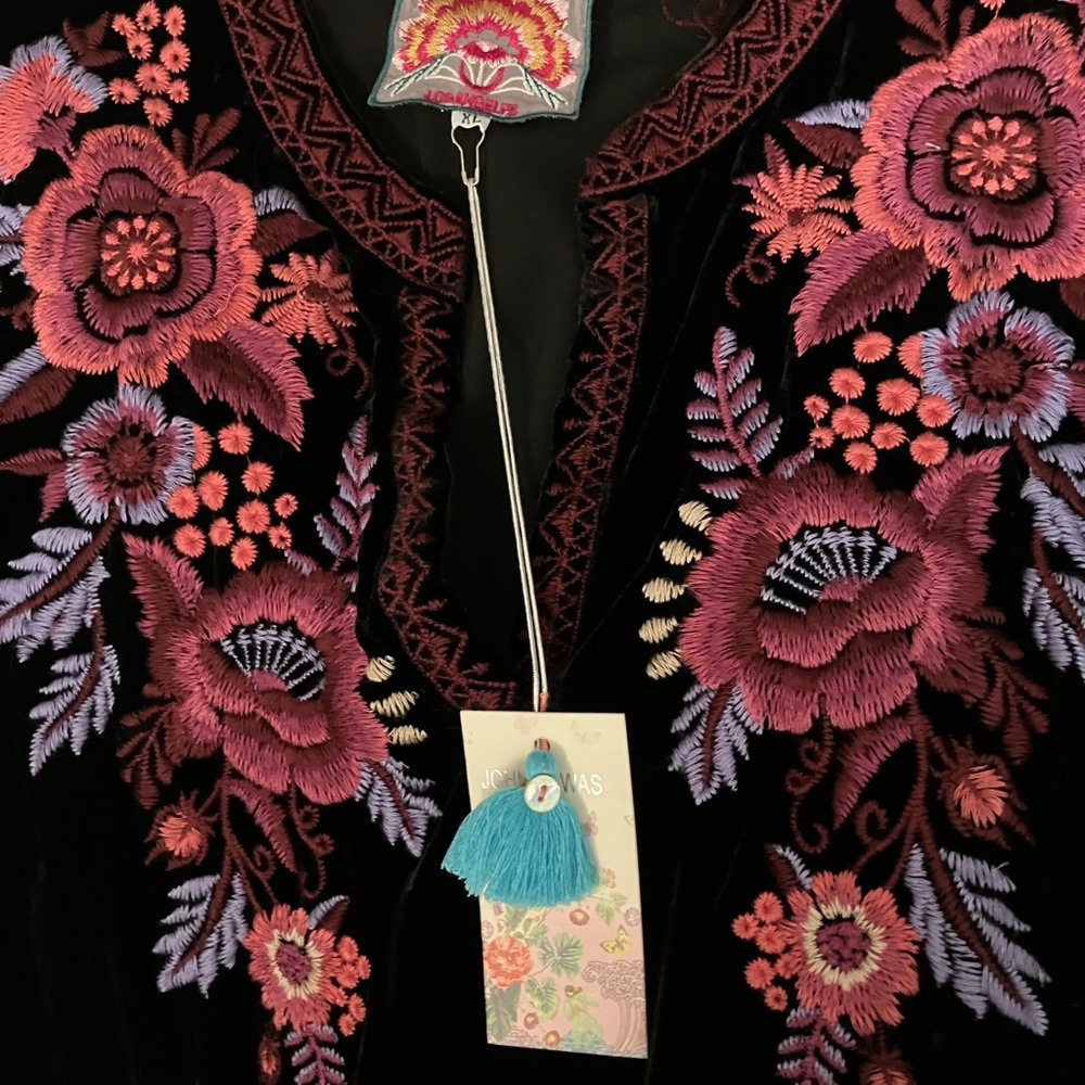 Johnny Was Black Velvet Dress with Pink and Purple Floral Embroidery - Picture 10 of 12